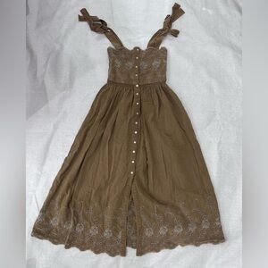 Brown Midi Dress with floral Embroidery and scalloped bodice